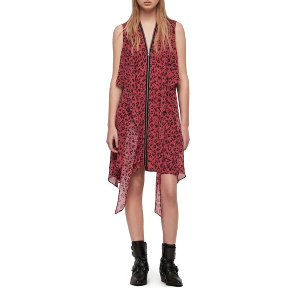 AllSaints Jayda Dress in Pink Leopard Print - Picture 1 of 11